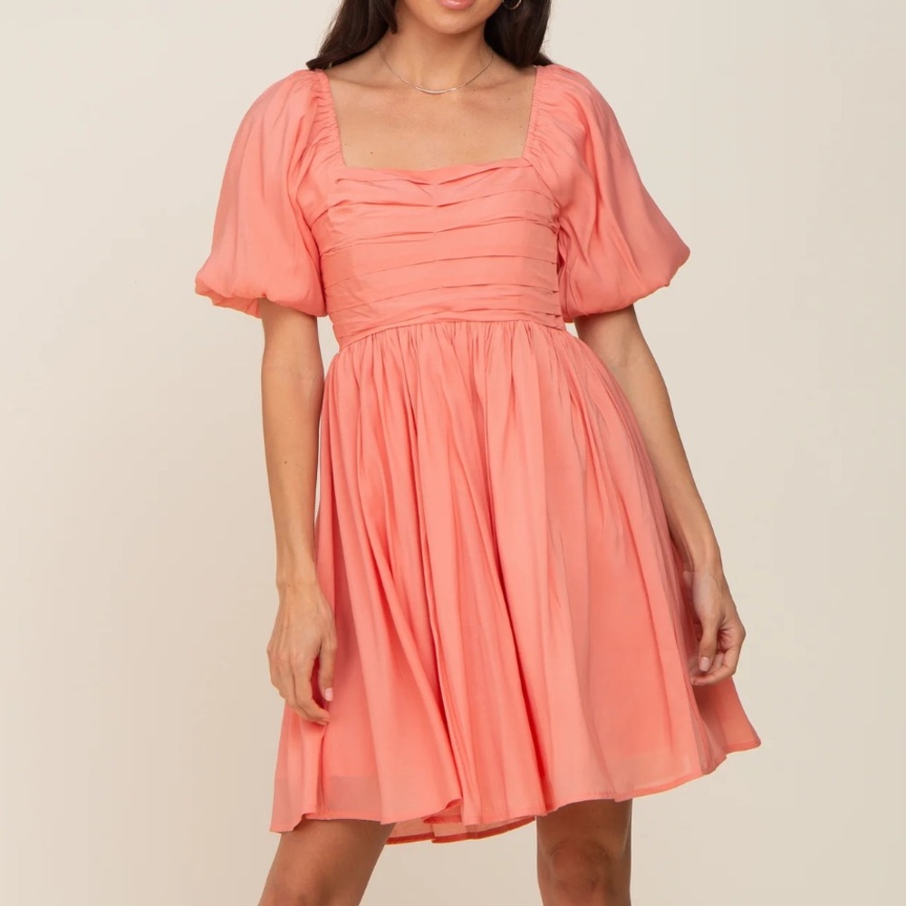 Salmon Square Neck Puff Short Sleeve Dress
